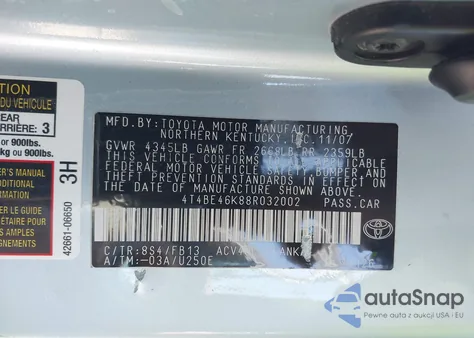 2008 Toyota Camry Le from USA, damaged, VIN 4T4BE46K88R032002